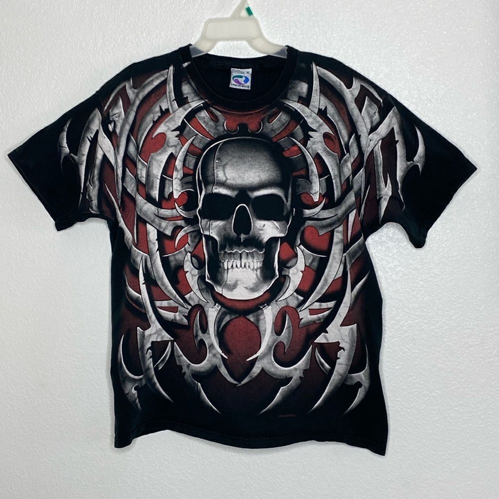 LIQUID BLUE 1998 Vintage Skull All Over Print T Shirt Size XL